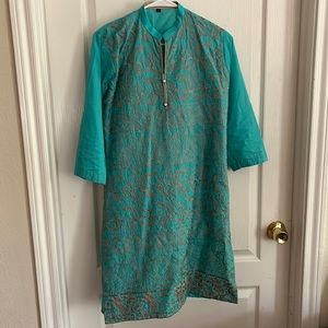Pakistani Kurti, teal color, full beige embroidery